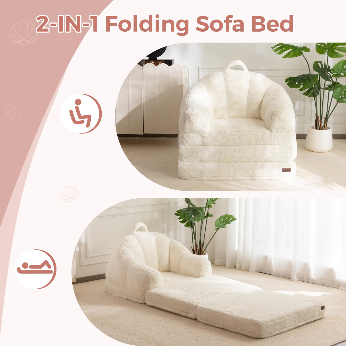 MAXYOYO Folding Sofa Bed, 2 in 1 Convertible Sofa to Lounger Comfy Single Bean Bag Chair for Adults, Floor Sleeper Couch with Handle, Faux Fur Couch Bed for Living Room Bedroom, Beige MAXYOYO