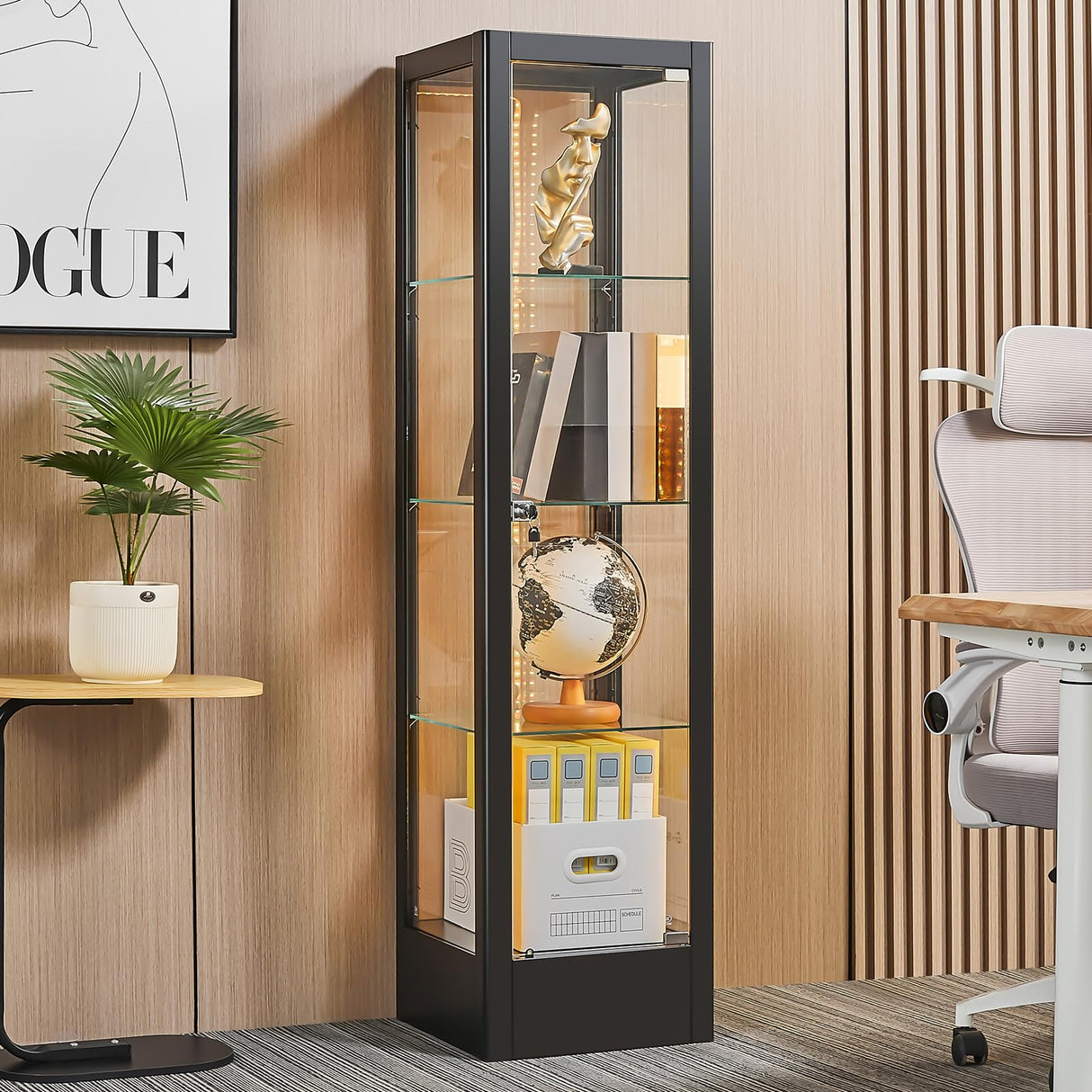 BECHAEO Glass Display Cabinet with LED Light and Lock, 63" Curio Storage Cabinet, 4-Tier Tempered Glass Adjustable Shelves, Metal Display Case for Living Room Playroom Office (Black) BECHAEO