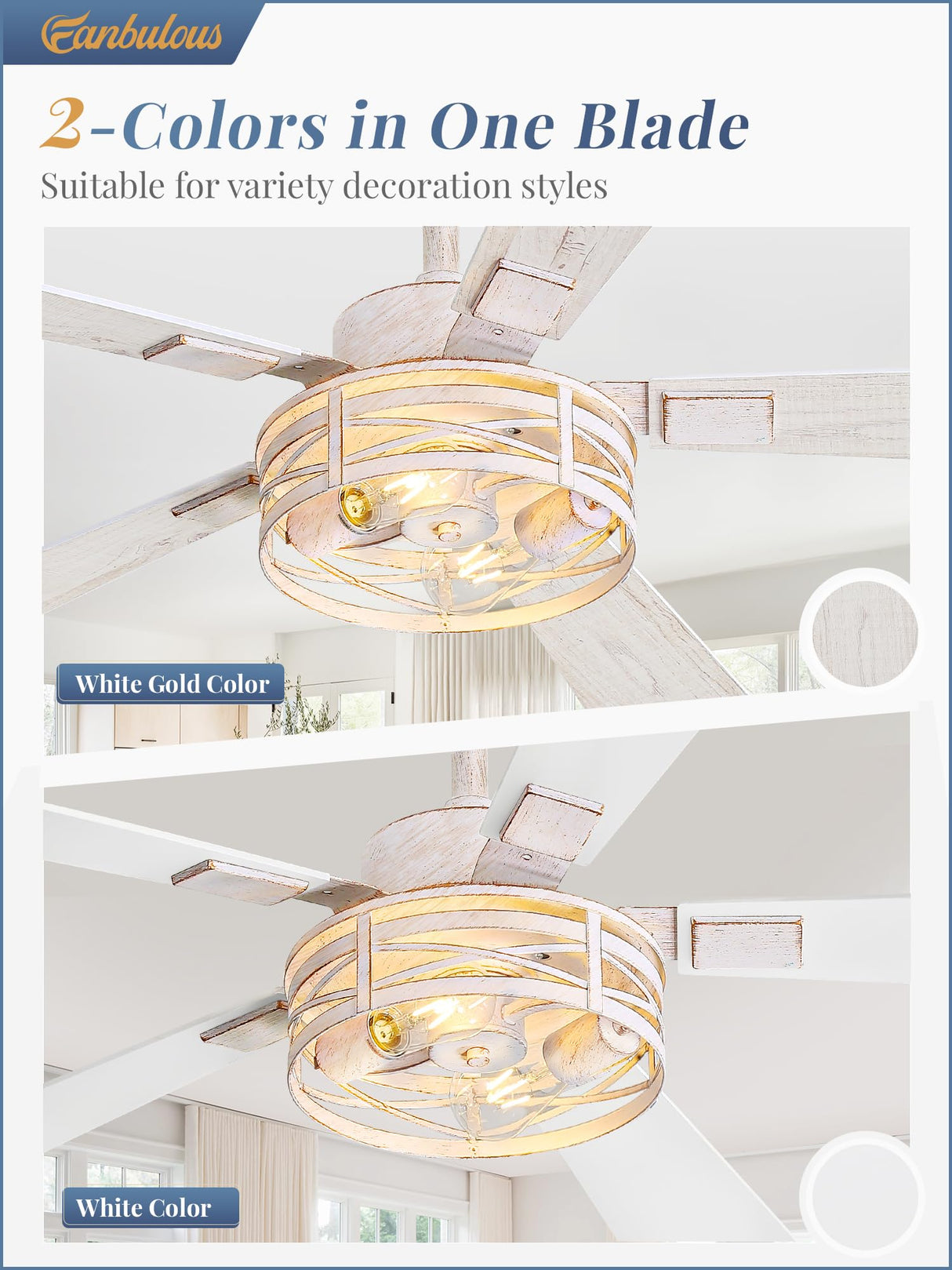 Farmhouse Ceiling Fans with Light, 48 Inch Bedroom Ceiling Fan with Lights, 6-Speed Adjustable, Quiet and Reversible DC Motor, 5 Dual Finish Blades, Rustic Caged Ceiling Fan,White and Gold Color Fanbulous