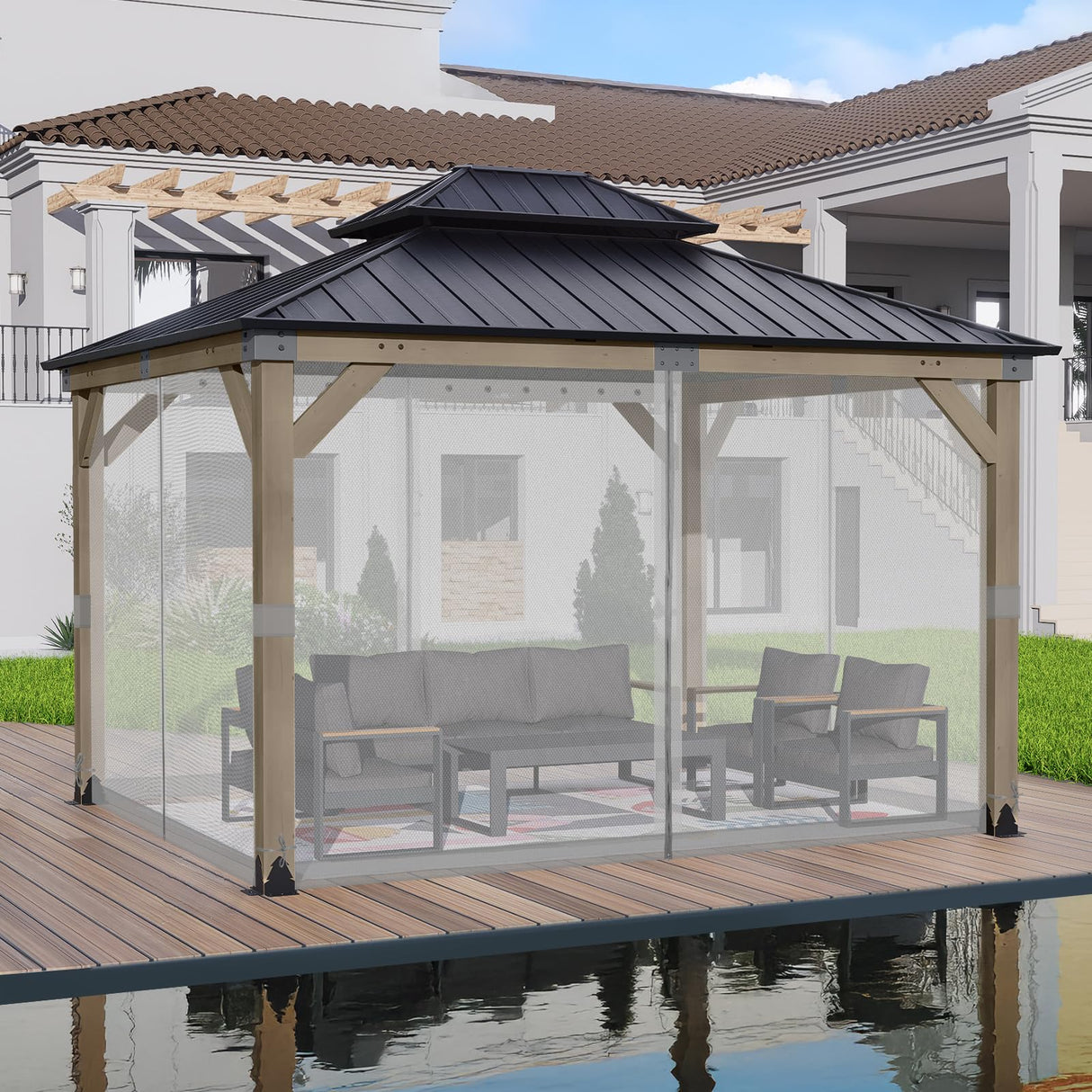 BPS 12' x 14' Gazebo Universal Mosquito Netting Screen Replacement, 4-Panel Screen Walls with Double Zippers for Outdoor Patio, Gray (Mosquito Net Only) BPS