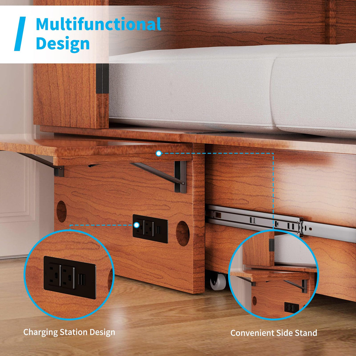 Mjkone Queen Murphy Bed Cabinet with Tri-Folding Mattress, Distressed Wooden 63" W Cabinets Wall Chest Beds with Built-in Charging Station & Storage Drawer for Office Guest Bedroom Living Room, Cherry Mjkone