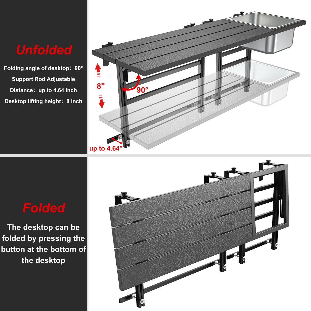 GDLF Upgraded Balcony Table Outdoor Patio Bar Table with Durable Composite Tabletop Aluminum Alloy Frame Hanging Folding Adjustable with Removable Ice Bucket, Easy Assembly (10Mins),43.5" L GDLF