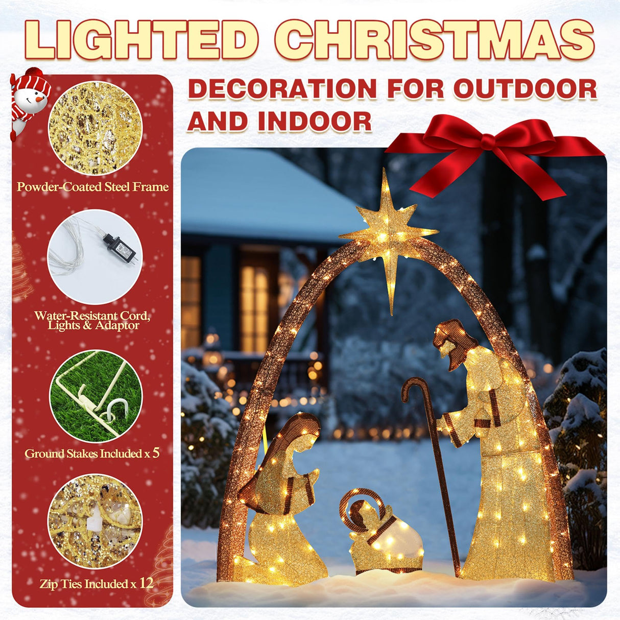 MUPATER Lighted Outdoor Christmas Decoration Nativity Scene, Lighted Christmas Yard Decor Set for Lawn and Home Holiday Party with Lights, Zip Ties and Ground Stakes, Gold MUPATER