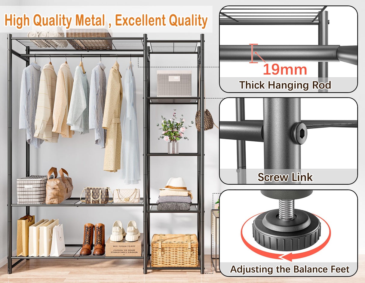 Wardrobe Closet,Portable Clothes Rack with 4 Tiers Shelves,Freestanding Closet Organizers and Storage System with Hanging Rods,Steel Clothing Rack Suitable for Cloakrooms,Bedrooms,Entrances,etc.Black HOMIDEC