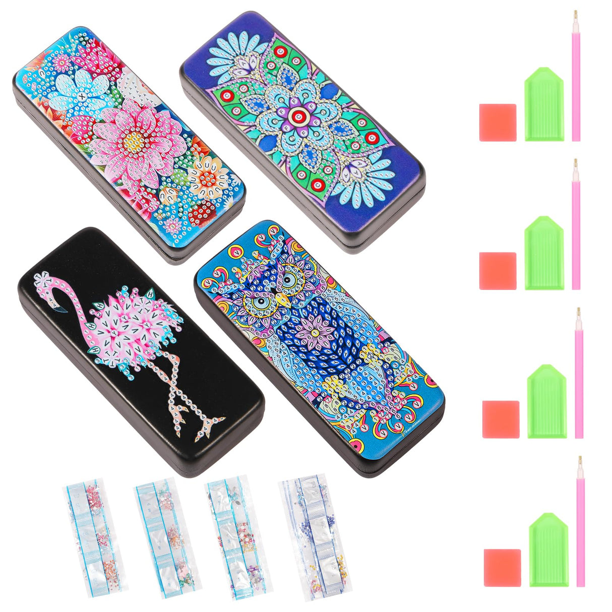 Tcwhniev 4Pcs PU Leather Diamond Art Kits Eyeglass Case, Unique DIY Diamond Sunglasses Case with Soft Lining, Gem Art Paint by Diamonds Dots for Beginner Craft Lover Women Tcwhniev