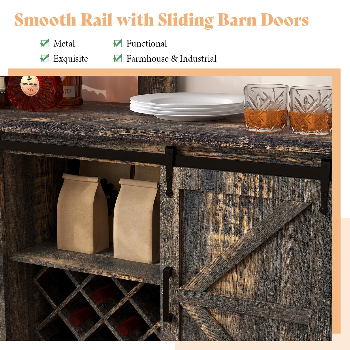 VanAcc Farmhouse Buffet Wine Cabinet with LED Lights, 55" Coffee Bar with 2-Tier Storage, Glass Holders, 8 Wine Racks, Home Liquor Hutch Cabinet with Barn Door, Rustic Black VanAcc