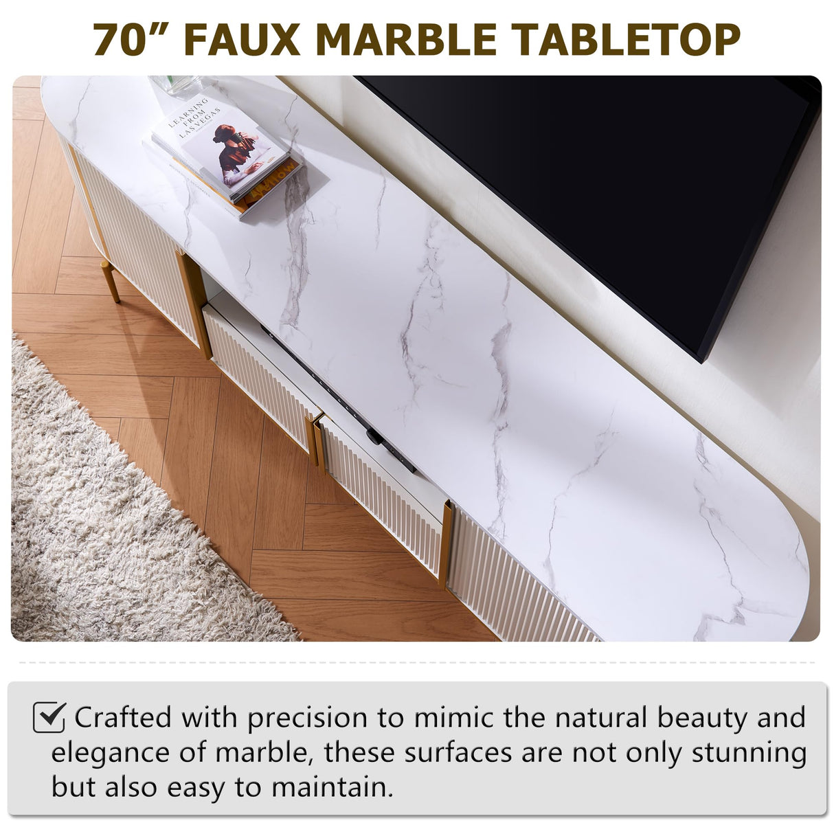 OKD Luxury 70" Fluted TV Stand, Modern Chic Entertainment Center for TVs Up to 80 inches, TV Console with Faux Marble Top, Curved Profile Design, Media Console for Living Room, Off White OKD