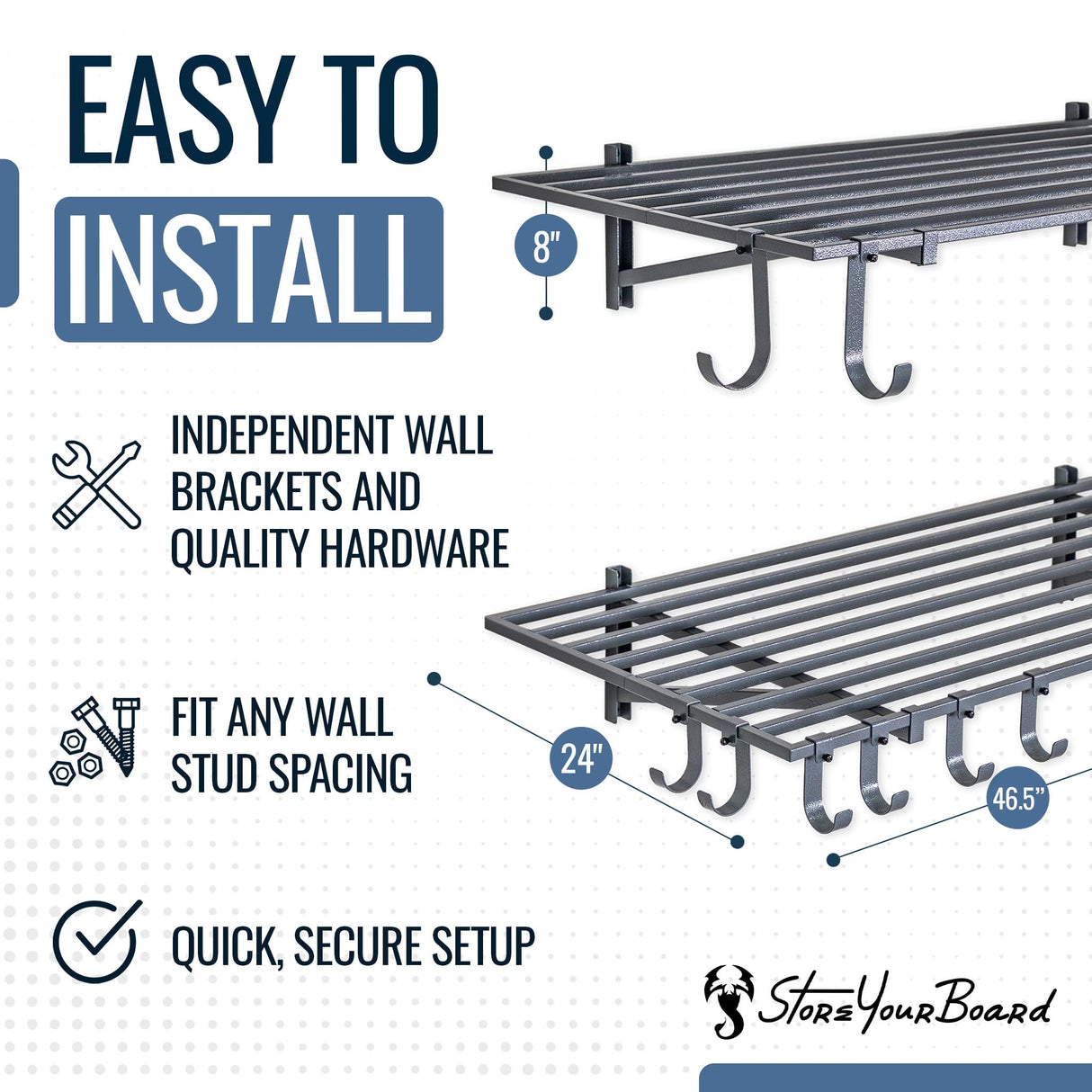 StoreYourBoard 2 Pack Heavy Duty Garage Wall Shelves, 2' x 4' Wall Mount Storage Shelf with Hooks, Hammered Gray Finish, Holds 200 lbs Each StoreYourBoard