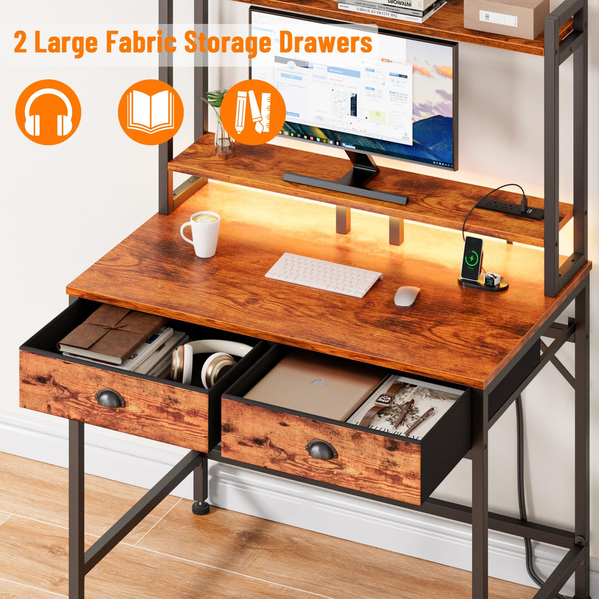 Furologee Small Computer Desk with Power Outlet and 2 Fabric Drawers, Gaming Desk with Light, Home Office Desk with Monitor Stand and Hutch for Small Space Working, Study Table with Shelf Rustic Brown Furologee