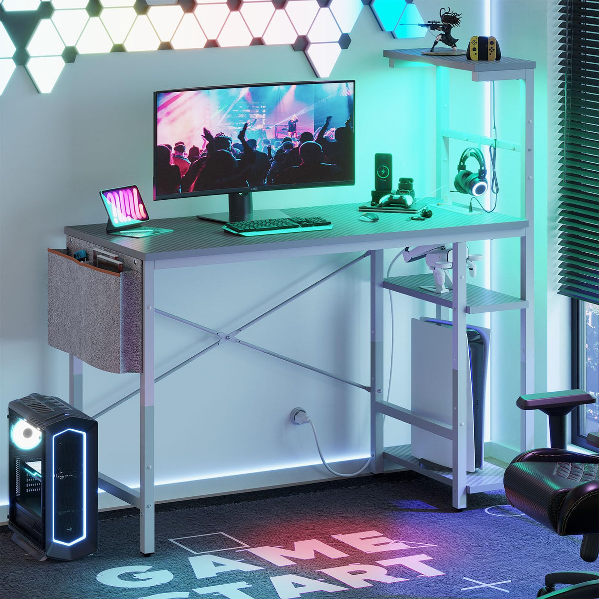 Bestier Gaming Desk with Power Outlets, 44 Inch Led Gamer Desk with 4 Tiers Reversible Shelves, PC Gaming Table with Headset Hook & Side Storage Bag for Bedroom (Grey 3D Carbon Fiber) Bestier