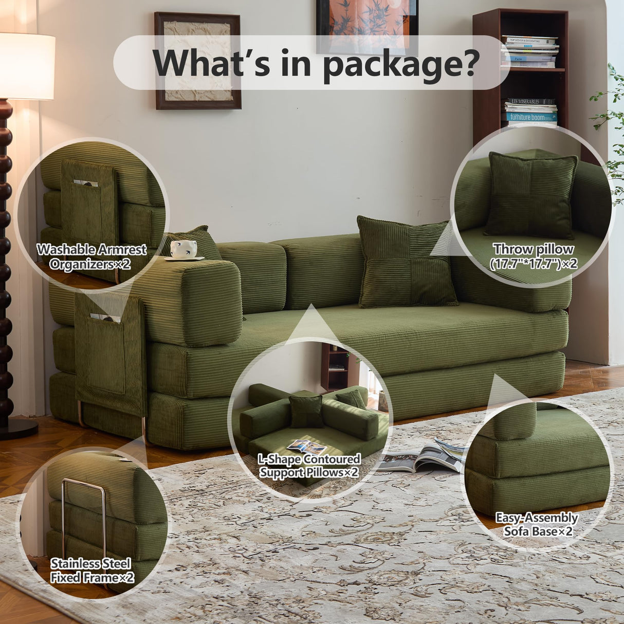 LIAROO 78.8" Convertible Sofa Bed - Compression Sofa with Corduroy Fabric - with Armrests and Backrest - Modular Sectional for Living Room, Bedroom, Studio - Compression Sofa in Box (Green) LIAROO