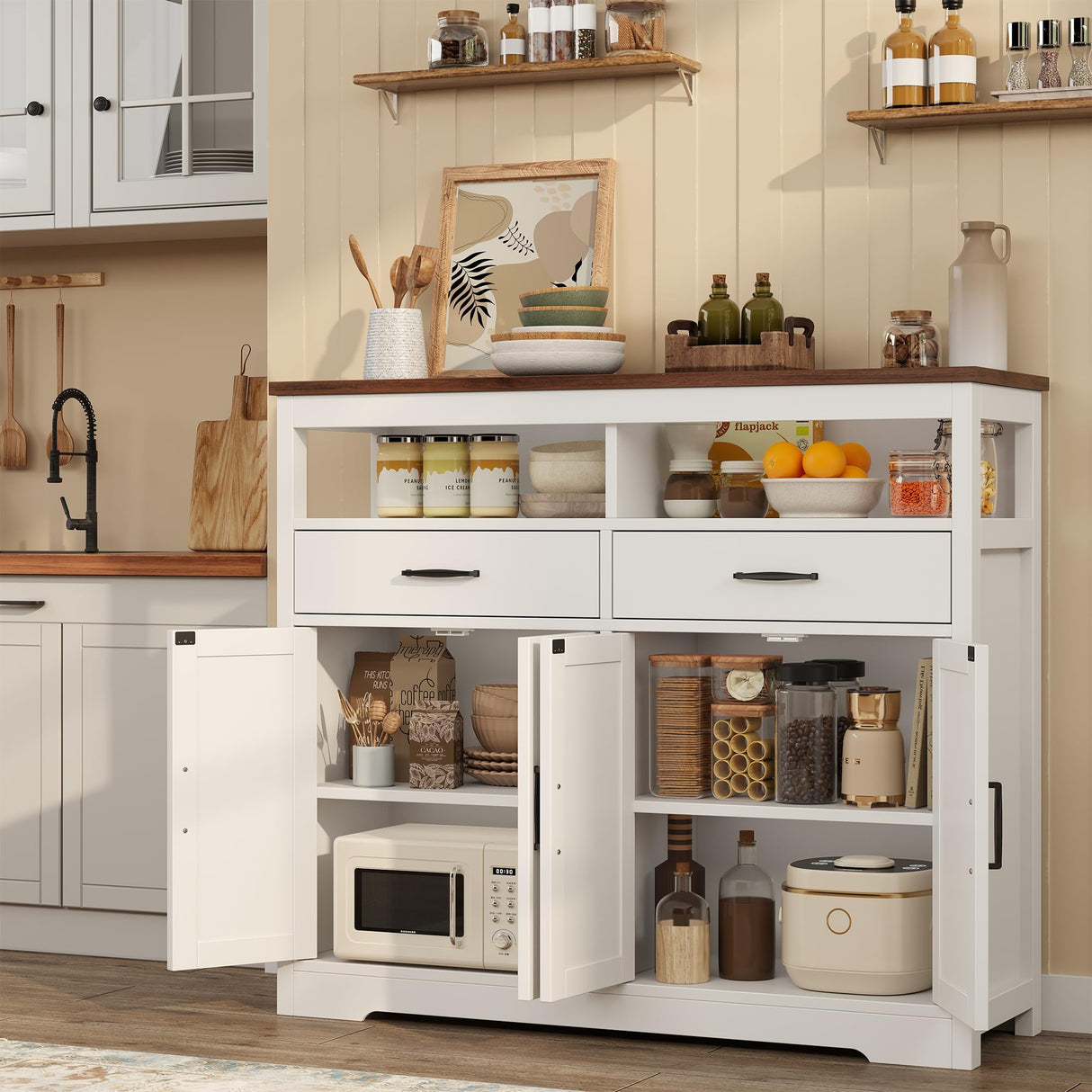 knoworld Buffet Sideboard with Storage Farmhouse with 4 Doors, 47'' Large Kitchen Storage Cabinet Wood Coffee Bar Cabinet Buffet Table with Shelves for Kitchen, Dining Room, Entryway knoworld