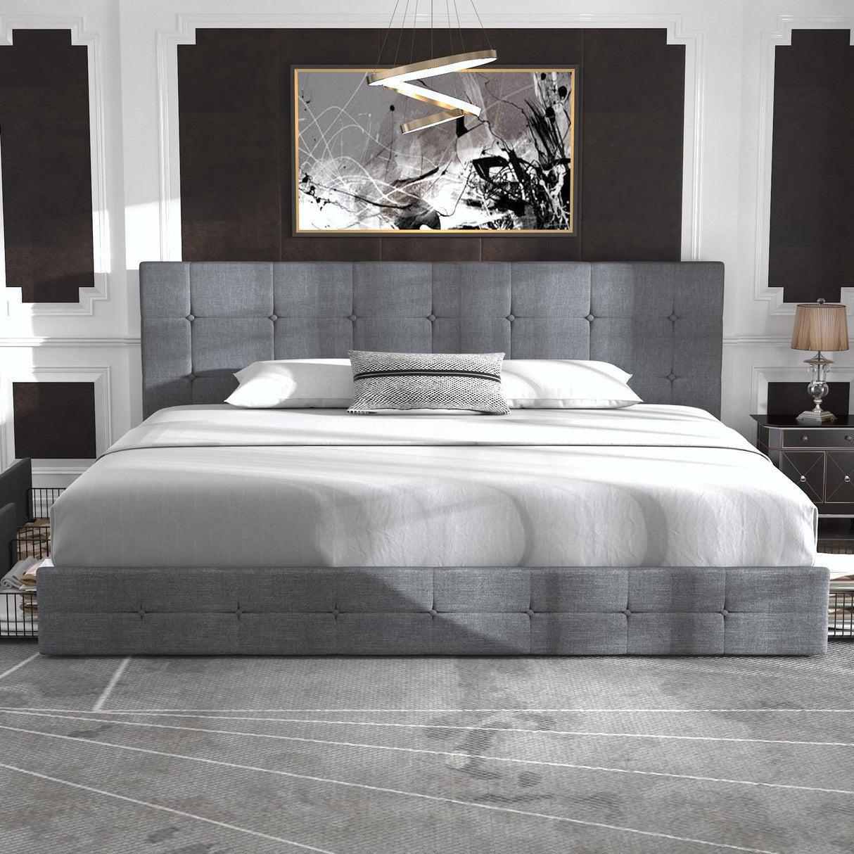 Allewie Upholstered King Size Platform Bed Frame with 4 Storage Drawers and Headboard, Square Stitched Button Tufted, Mattress Foundation with Wooden Slats Support, No Box Spring Needed, Light Grey Allewie