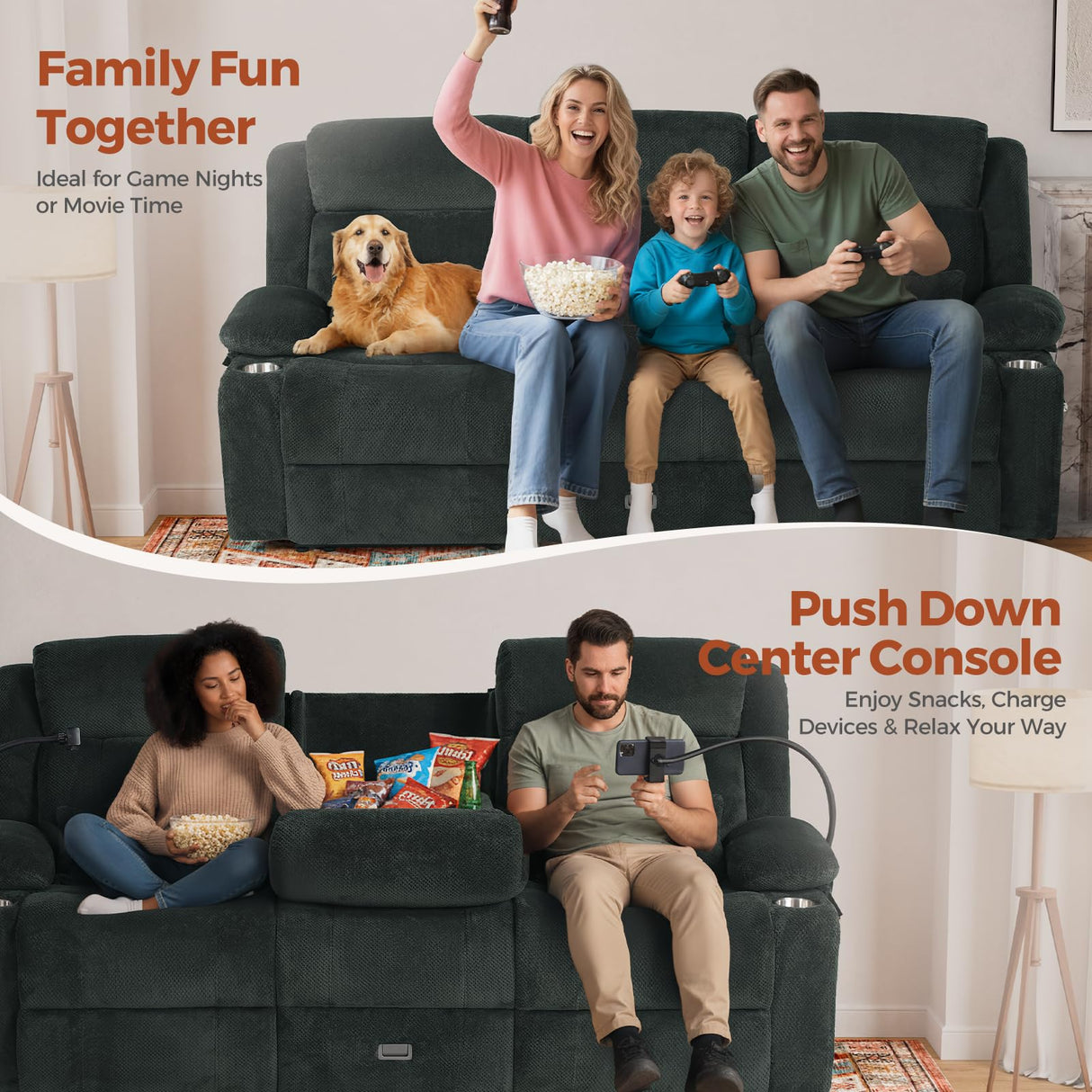 ABCASA 3 Seater Recliner Sofa, Manual Reclining Couch with Flip Middle Backrest, Phone Holder, Side Pocket, Drawer, Power Outlet, Reclining Sleeper for Living Room, Home Theater & RV (Textile - Gray) ABCASA