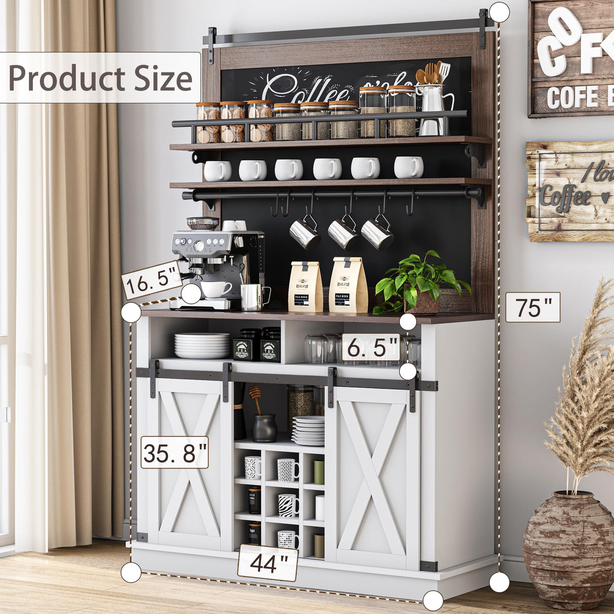 IDEALHOUSE Coffee Bar Cabinet, Farmhouse Buffet Cabinet with Storage, 75" Tall Bar Cabinet Kitchen Buffet Sideboard with Sliding Barn Door Coffee Hutch Cabinet for Dining Room (White) IDEALHOUSE