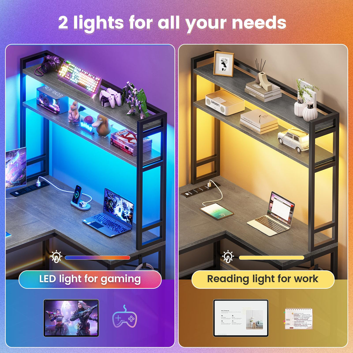 SEDETA L Shaped Computer Desk, 45.3” Small Office Desk, Corner Compuer Desk with Hutch, LED Lights, Power Outlet, Storage Shelves and Hooks for Home Office, Grey SEDETA