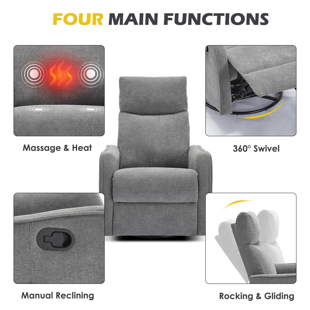 Trustyue Manual Recliner Chair, 360° Swivel Rocker Recliner with Heat and Massage for Small Space, Upholstered Fabric Glider Rocking Chair Nursery Chair with Side Pockets for Living Room, Grey Trustyue