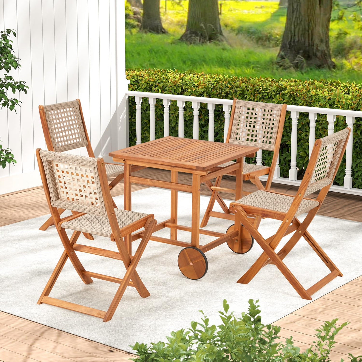JFHID 5 Piece Outdoor Patio Dining Set, Acacia Wood Outdoor Table and Chairs with Wheels, Farmhouse Style Portable Dining Set for Backyard, Deck & Poolside JFHID