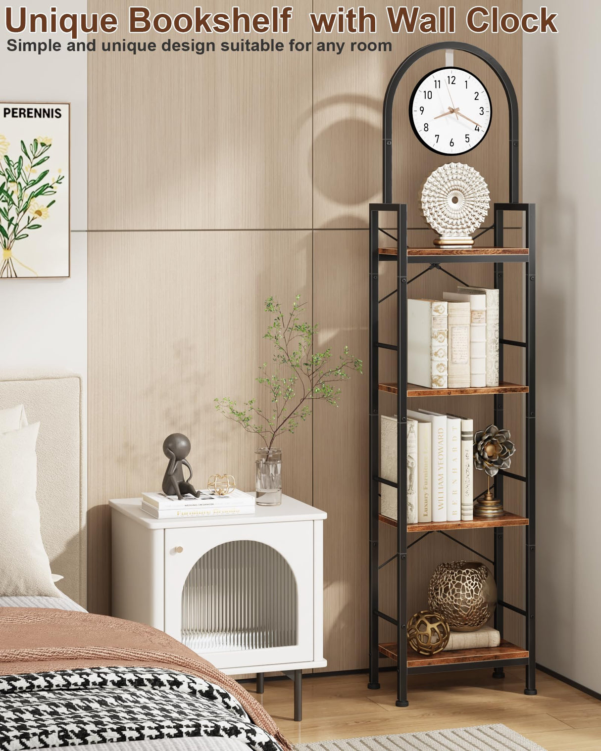 HIGDBFE Bookshelf, 4 Tier Arched Bookshelf with Built-in Clock, 68.2" Tall Narrow Bookcase, Modern Standing Book Shelf for Living Room, Bedroom, Home Office, Rustic Brown HIGDBFE