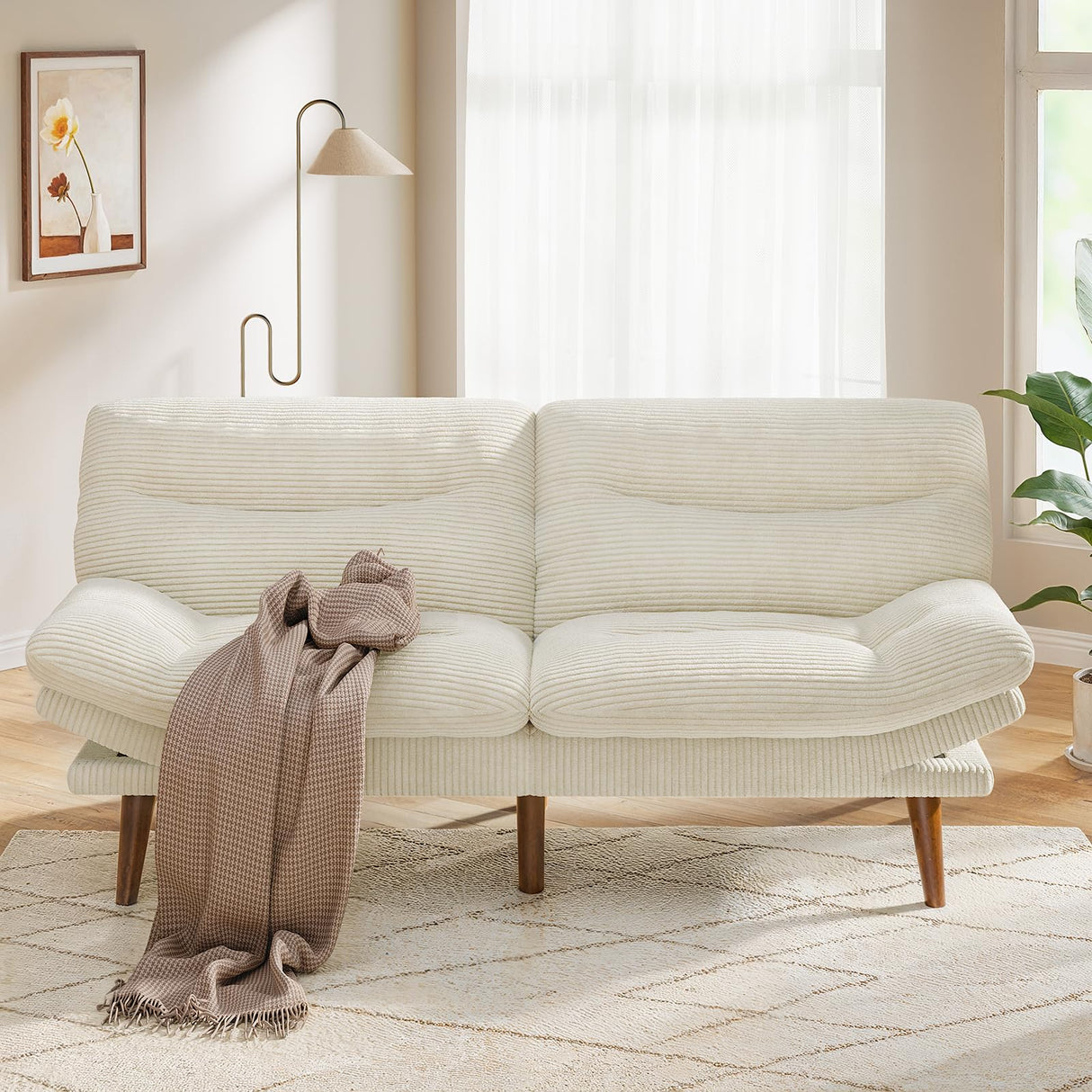 Pipishell Convertible Futon Sofa Couch, Corduroy Futon with Adjustable Backrest and Armrests, Futon Sofa Bed for Small Apartments, Living Room or Office(White) Pipishell