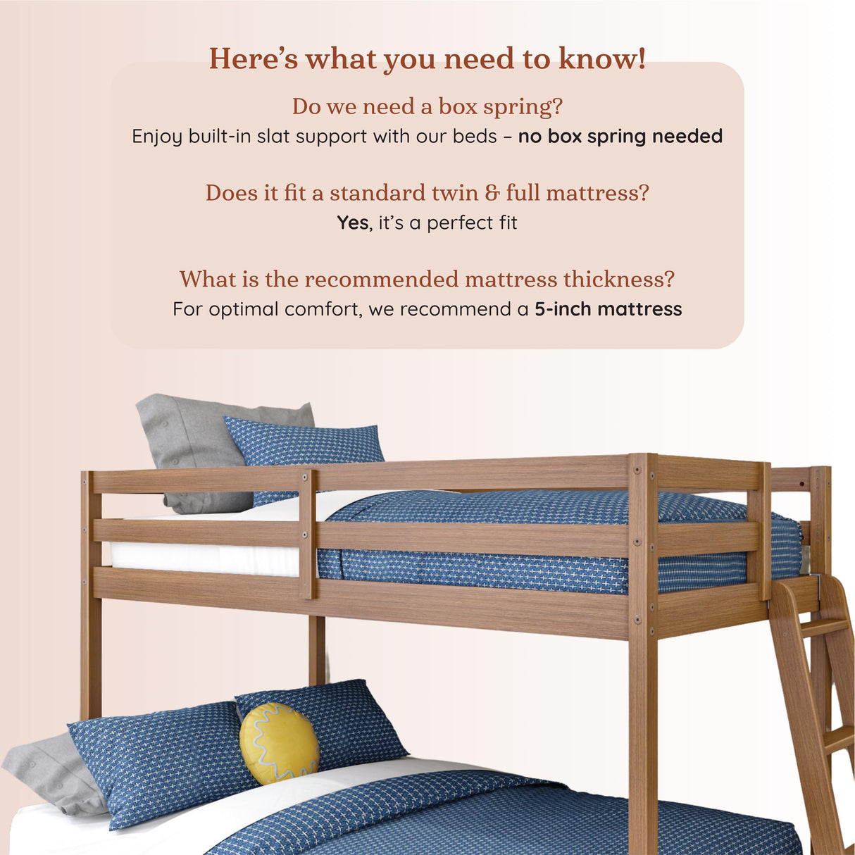 Grain & Grove Bear Twin Over Full Bunk Bed, Low Bunk Bed Frame for Kids, Bunk with Ladder, Guardrail, and Slats, No Box Spring Required, Oak Embossed Pecan Grain & Grove