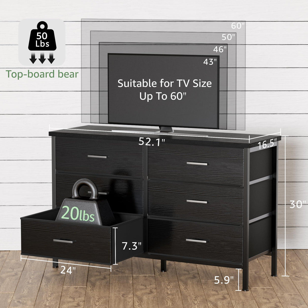 BOLUO Wide Black Dresser for Bedroom 6 Drawer, Dresser TV Stand for 60" TV Dressers & Chests of Drawers Fabric for Closet Modern BOLUO