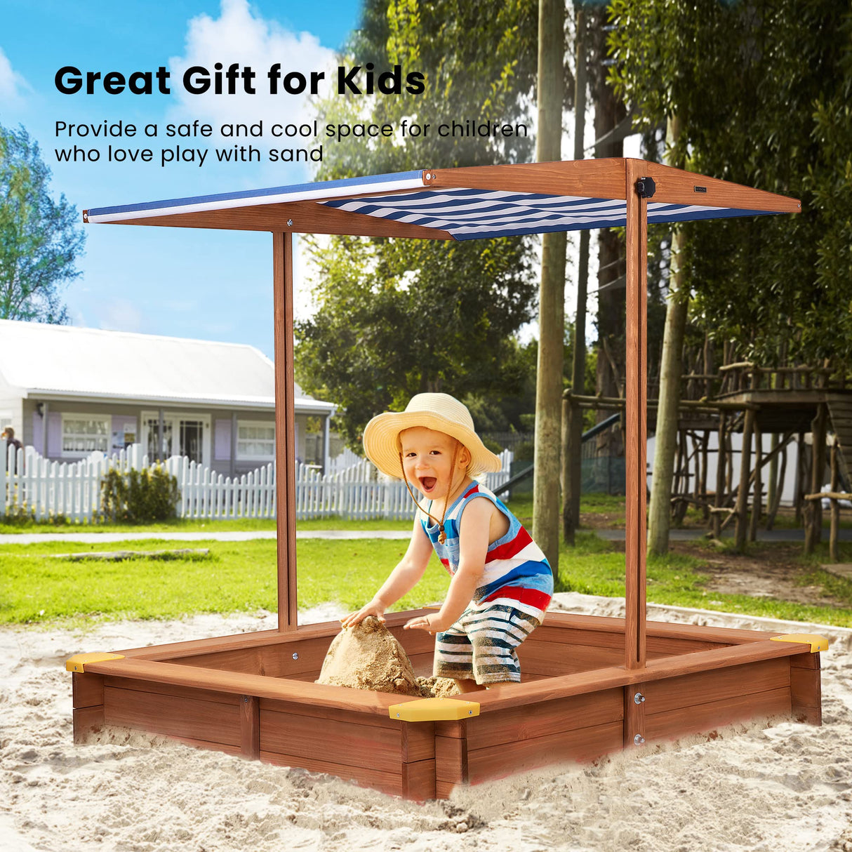 VIVOHOME 46.5 Inch x 46.5 Inch Covered Wooden Sandbox Height Angle Adjustable with Rotatable UV-Resistant Canopy Sand Protection Bottom Liner for Home Backyard Beach Outdoor VIVOHOME
