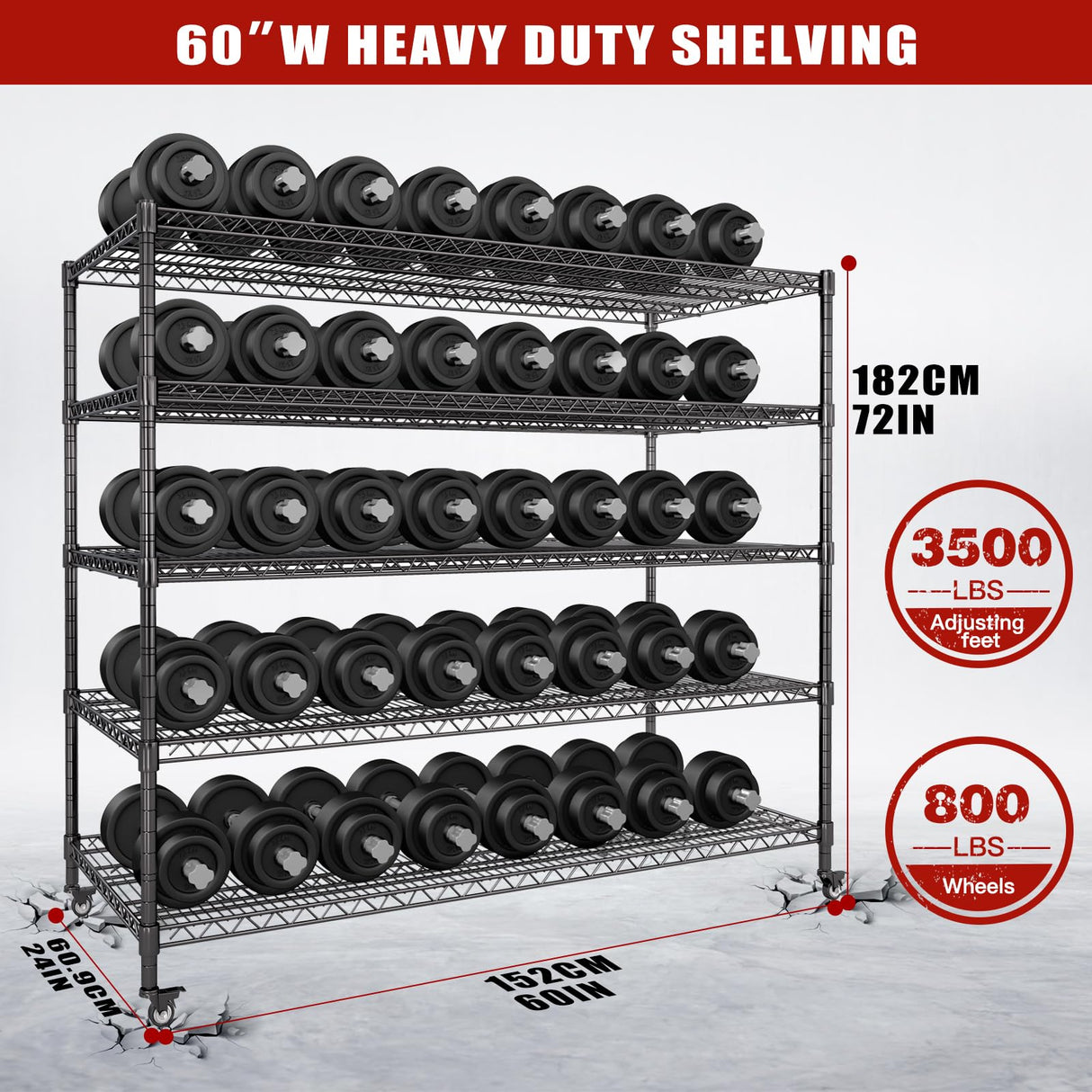 AIRAJ 60” W Storage Shelves Heavy Duty | 5 Tier Wire Shelving | 3500 LBS Metal Shelving | Garage Shelving Units and Storage | Rolling Wire Rack with Wheels | Adjustable Layer Height | 60”W×24”D×72” H AIRAJ