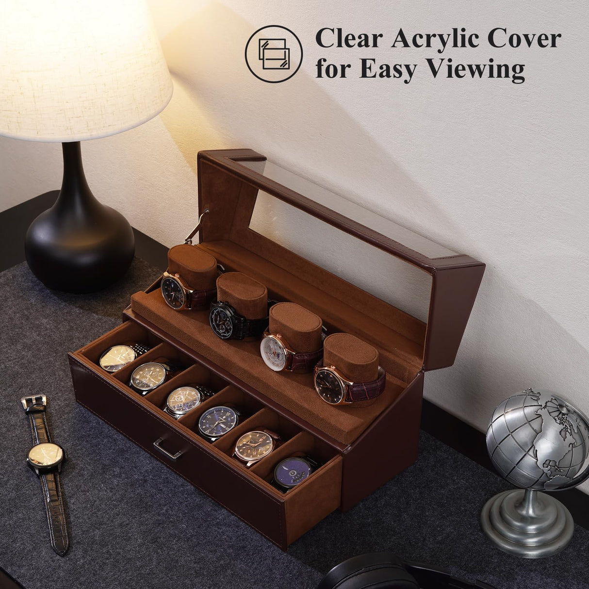 ProCase Watch Case for Men, 10 Slot Watch Display Stand with Acrylic Lid, Watch Display Case with Drawer, 2-Layer Mens Watch Box, Watch Holder Organizer for Men Women -Espresso ProCase