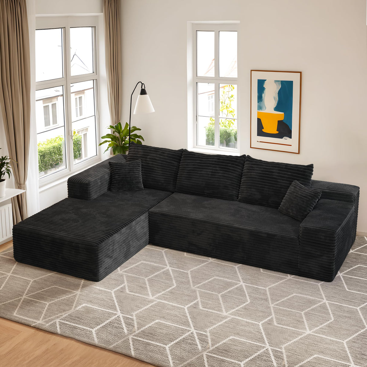 106" Cloud Sectional Couch with Chaise Longue,L Shaped Modular Modern Sofa,Comfy Corduroy Fluffy Couch with Deep Seat,No Assembly Required Couch for Living Room(Left,Plush Corduroy,Black) weaxty W