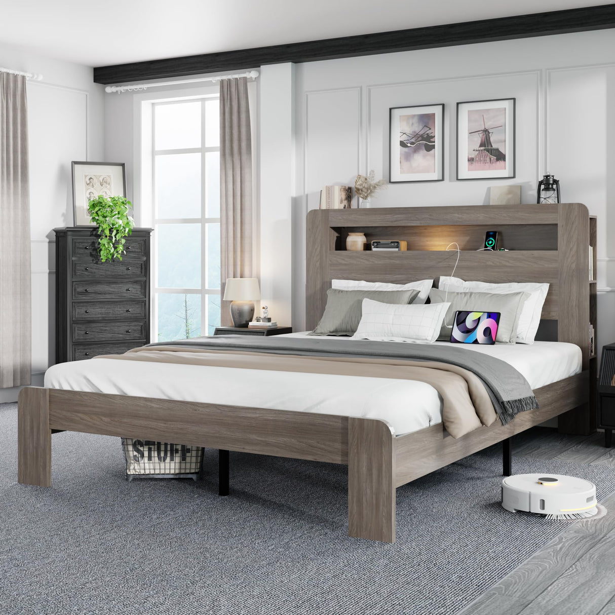 Full Size Wooden Bed Frame with Bookcace Storage Headboard, Rustic Farmhouse Bedframe with LED Lights and Charging Station, Sturdy and Stable, Slat Support, No Box Spring Required (Light Brown, Full) PAUKIN