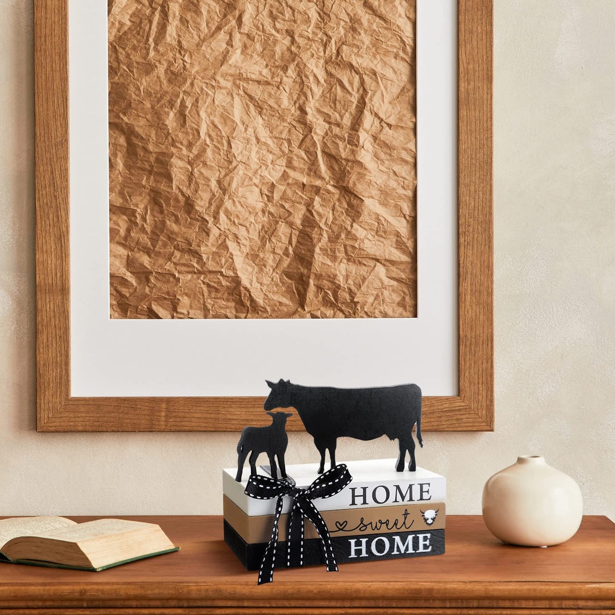 Geetery 5 Pcs Wood Farm Decor Farmhouse Sign Farm Home Tiered Tray Decor Rustic Mini Wood Book Stacks Table Decorations for Home Living Room Table Sign (Cow) Geetery