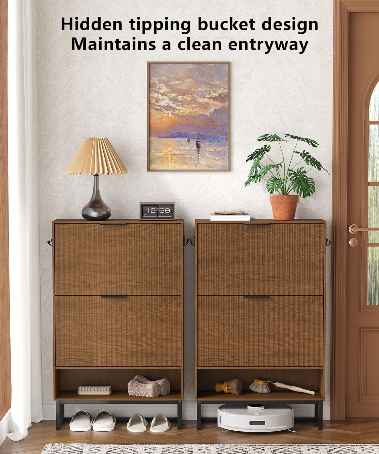 Akxomel Fluted Shoe Storage Cabinet, Narrow Hidden Shoe Rack Cabinet with Metal Legs, Narrow Shoe Organizer, 2 Flip Drawers, for Entryway, Hallway, Living Room, Walnut Akxomel