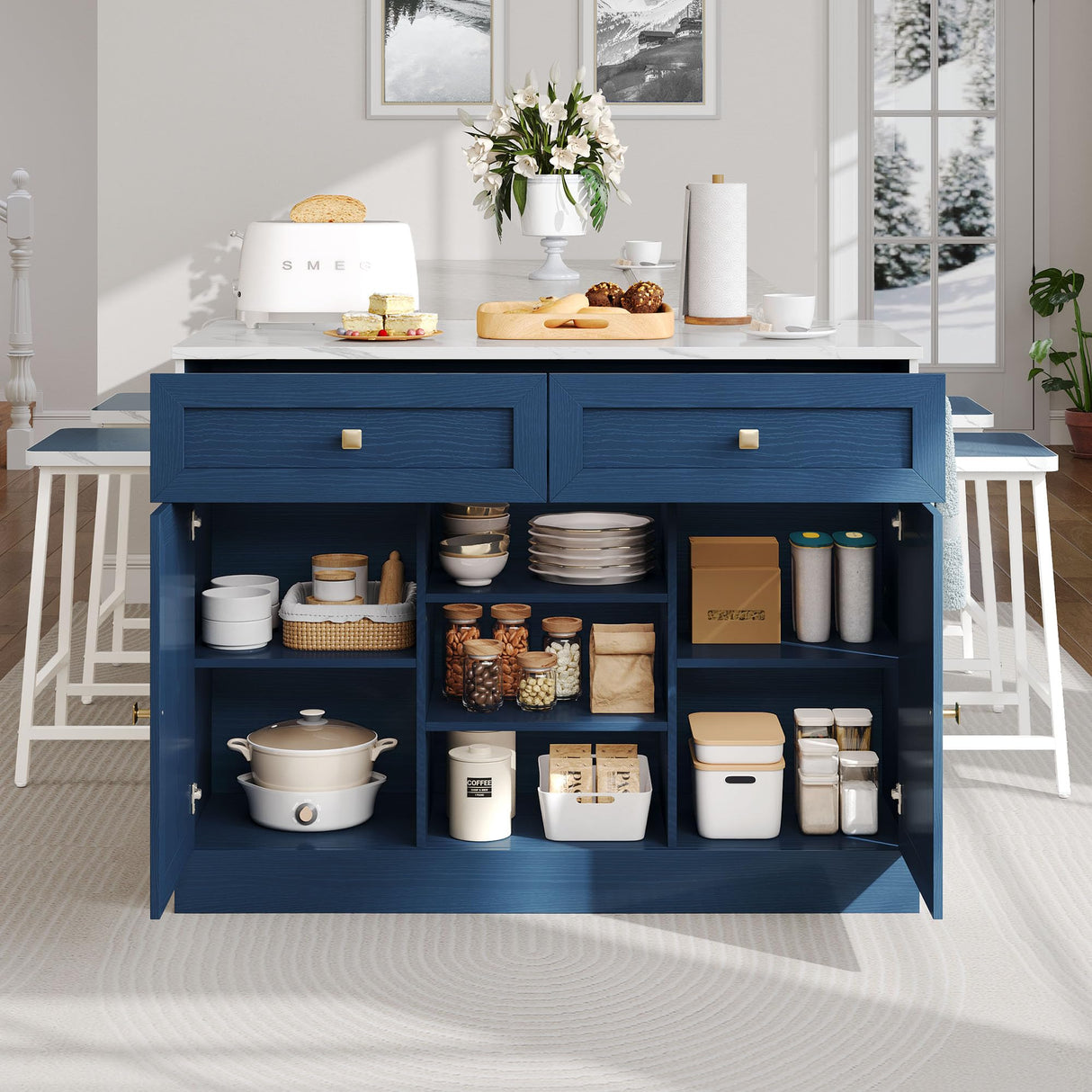 YITAHOME 3 Piece Kitchen Island Set with 2 Chairs, Large Kitchen Island with Seating and Storage, Dining Counter Table with Power Outlet, Drawers, Spice/Towel Rack, White Marble Finish, Navy Blue YITAHOME