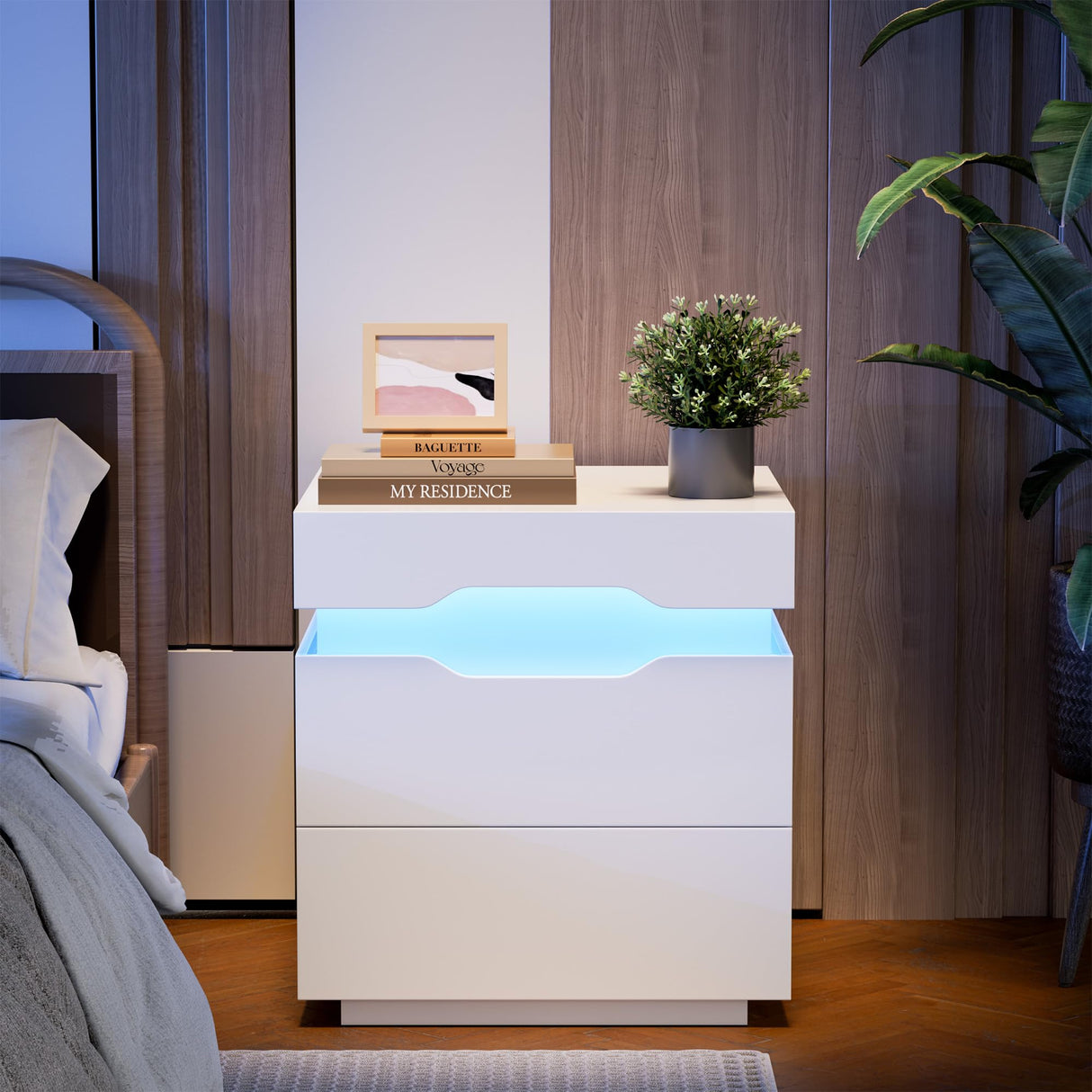 Furniwell LED Nightstand with Charging Station, End Table with Drawers, Night Stand Bedside Table with Sliding Top for Bedroom and Living Room, White Furniwell