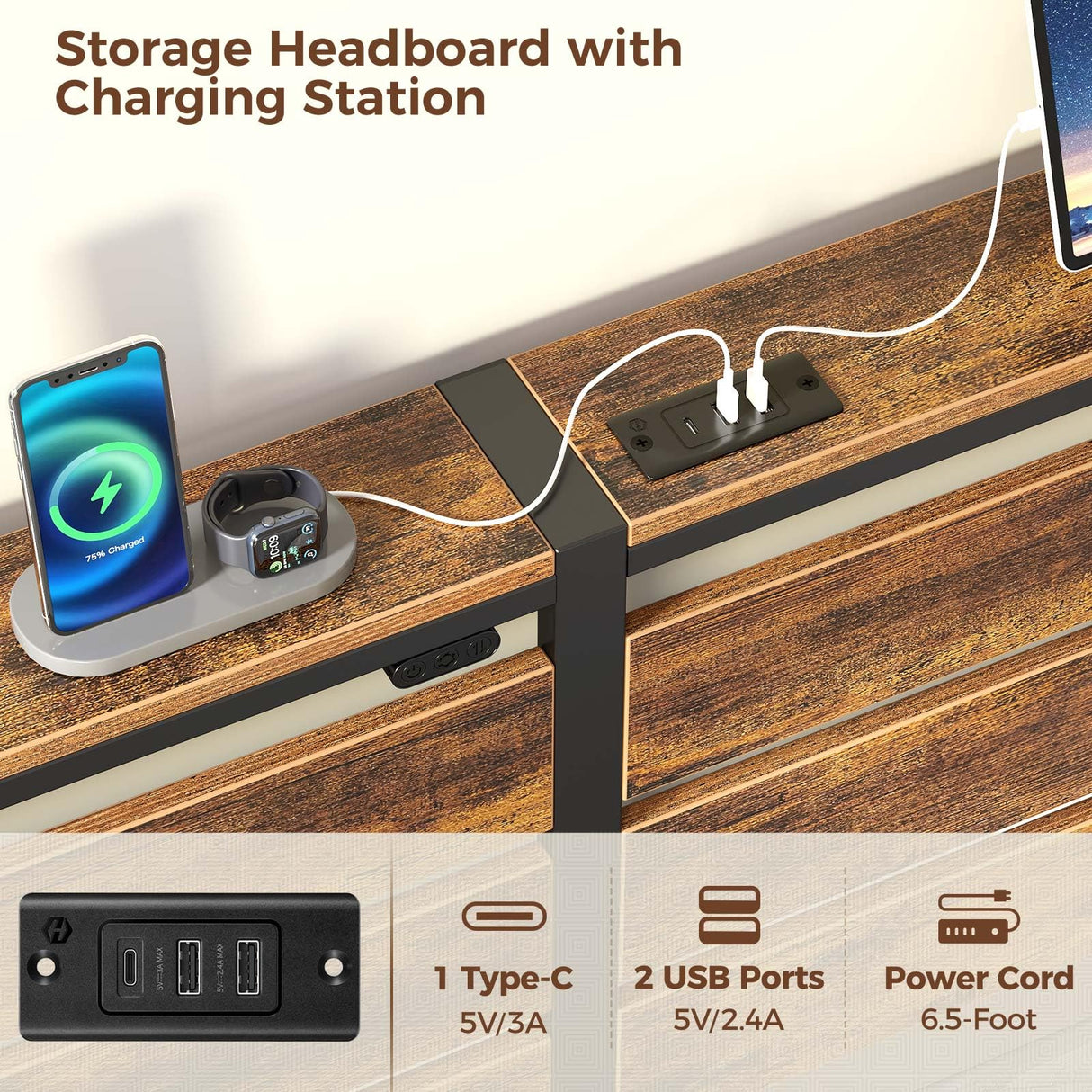 Rolanstar Bed Frame Twin Size with USB Charging Station, LED Bed Frame with Wood Storage Headboard, Rustic Brown Metal Platform Bed with Under Bed Storage, No Box Spring Needed, Noise Free Rolanstar