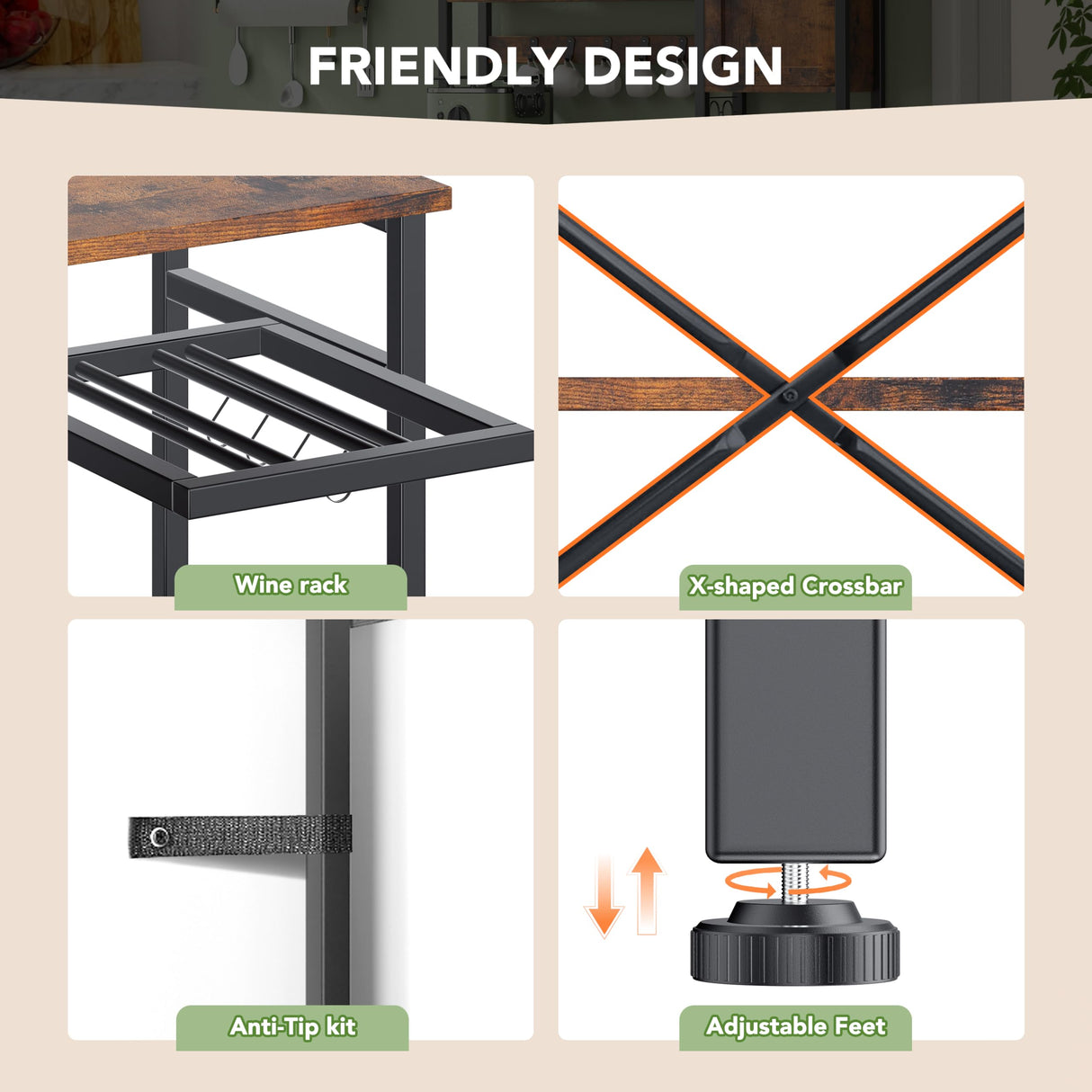 Decofy Bakers Rack with Power Outlet - Microwave Stand with Storage, Large Coffee Bar with K Cups Holder, 5 Tiers Metal Kitchen Shelves Rack, 39.37 x 15.75 x 63 Inches, Brown Decofy