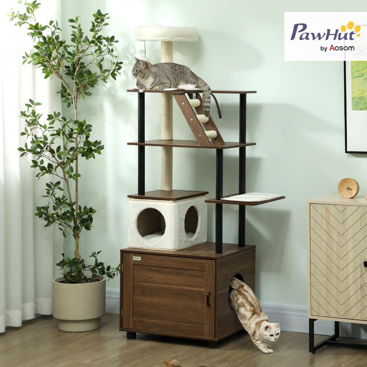 PawHut 68.5" Cat Tree with Litter Box Enclosure, 2 in 1 Cat Tower for Indoor Cats, Hidden Litter Box Furniture with Scratching Posts, Washable Cushions, Condo, Bed, Ladder, Dangling Ball Toy, Brown PawHut