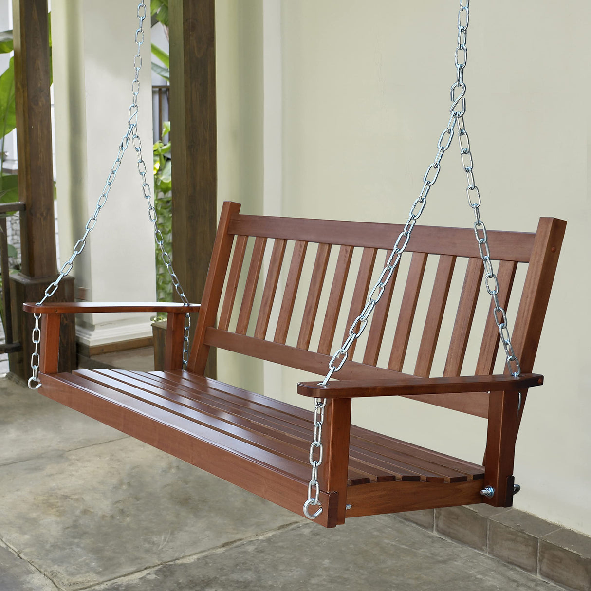 MUPATER Outdoor Patio Hanging Wooden Porch Swing 5FT with Chains, 3-Person Heavy Duty Swing Bench for Garden and Backyard, Wood Brown MUPATER