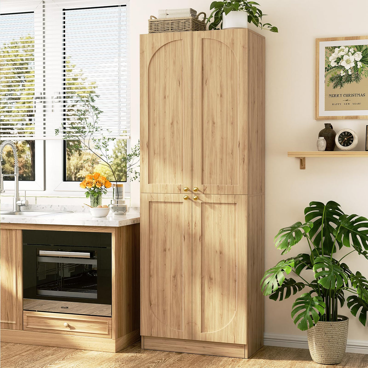 Cyclysio 80" Storage Cabinet, Tall Arched Bookcase with 4 Doors, 6-Tier Wooden Pantry with Adjustable Shelves, Seamless Fit Wall for Home Office, Living Room, Kitchen (Natural) Cyclysio