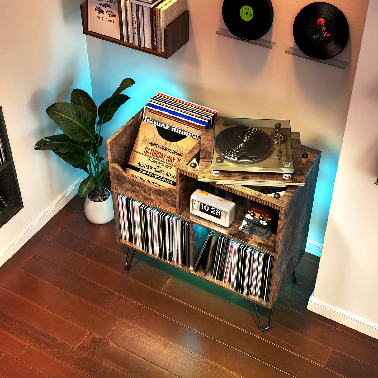 TC-HOMENY Record Player Stand with Vibration-Isolated Turntable Design, Vinyl Record Storage Table with Charging Station, Mid-Century Modern Turntable Stand TC-HOMENY