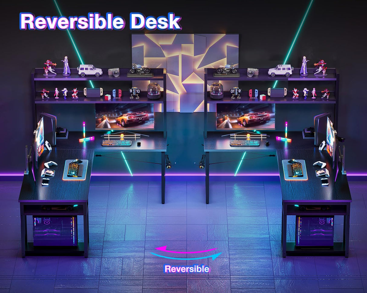 ODK L Shaped Gaming Desk with Hutch, Computer Desk with Storage Shelves, 66" L Shaped Desk for Home Office, Corner Desk with Headphone Hook, Black ODK