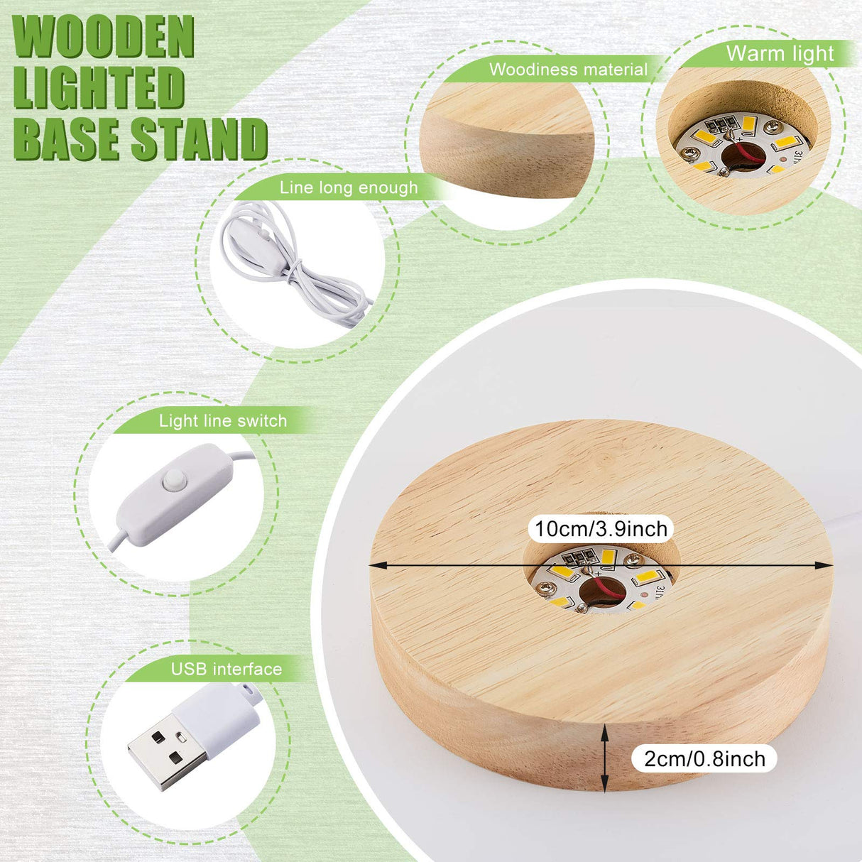 Honoson 4 Pcs LED Display Base Wooden LED Base Wood LED Light for Crystal Wood Display Lighted Base for Glass Display 3D Glass Resin Art (Round)(Round) Honoson