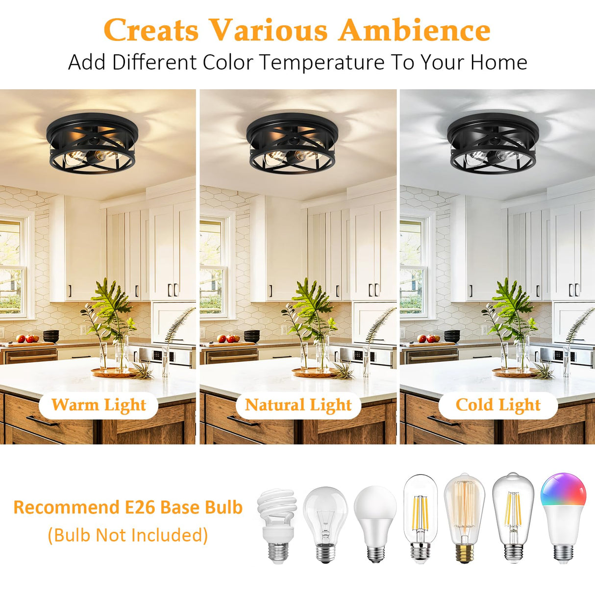 Elekeed 2-Light Flush Mount Ceiling Light Fixture, Farmhouse Ceiling Lights for Kitchen, Modern Black Close to Ceiling Light for Hallway Bedroom Balcony Porch Stairway, E26, (2 Pack) Elekeed