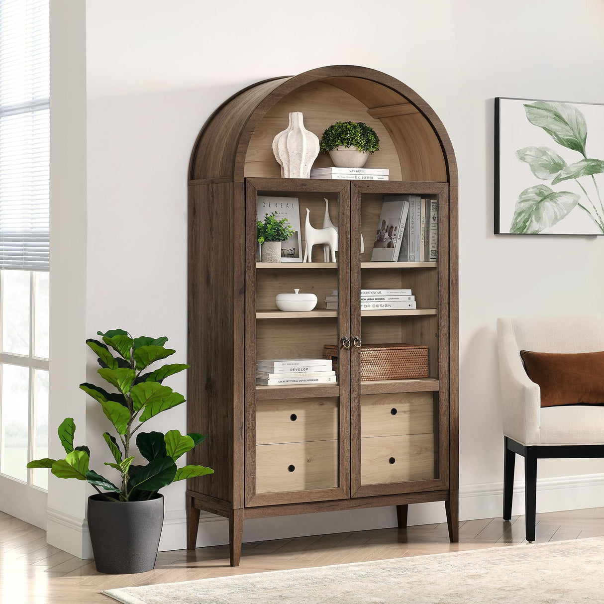 Modway Nolan Tall Arched Storage Display Cabinet in Walnut Light Oak - 74 Inch Arch Bookshelf with Glass Doors, Shelves and Drawers - Modern Accent Cabinet for Living Room, Dining Room Modway