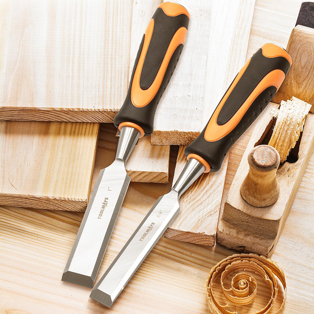 4-Piece Wood Chisel Set, Carbon Steel Blades with Ergonomic Handle, 3/8" 1/2" 3/4" 1" for Woodworking, Durable Metal Strike Cap (5-inch Handle for Comfortable Grip) TOOLMAYS