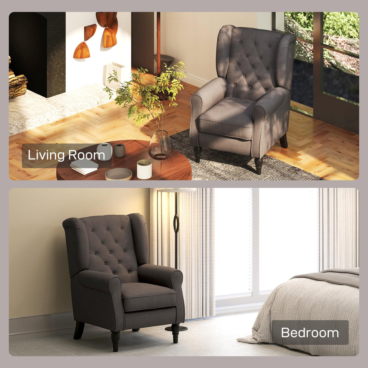 HOMCOM Mid-Century Modern Accent Chair, High Wingback Chair, Button-Tufted Upholstered Fabric Armchair with Retro Wood Legs for Living Room, Bedroom, Dark Brown HOMCOM