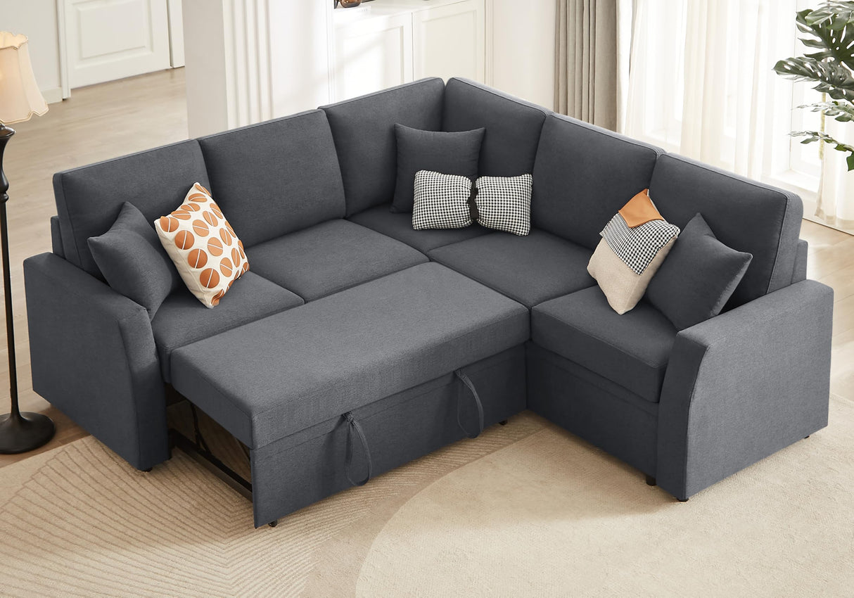 AMERLIFE Sofa Bed, 85 Inch Reversible L Shape Couch with Pull Out Bed & Storage Seat, Oversized Sectional Sleeper Bed for Living Room Apartment, Grey Linen Sleeper Sofa Couch AMERLIFE