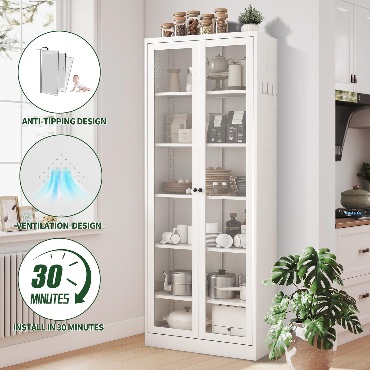 VIYET 72" Tall Kitchen Pantry Cabinet,White Metal Pantry Cabinet with 2 Doors & 5 Adjustable Shelves,Utility Storage Cabinet Rust-Resistant for Living Room,Dining Room,Bathroom,Garage,Basement VIYET
