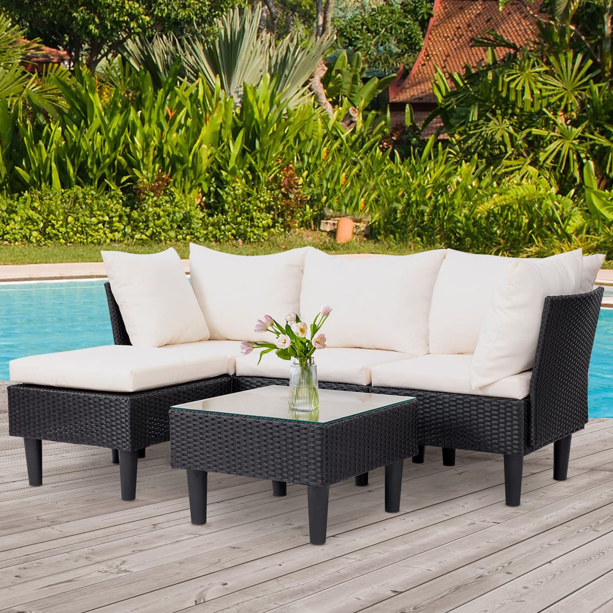 FDW Outdoor Sectional Rattan Chair Wicker Conversation Set Sofas, 5-Piece, Khaki FDW